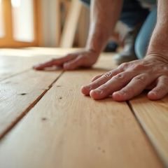 Flooring & Panelling Hands inspecting wooden flooring in a partially finished interior space.