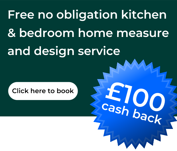 Book an appointment Promotional announcement for a free home measure and design service with £100 cashback offer.
