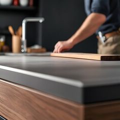 Kitchens & Bathrooms Hand placing a wooden board on a modern kitchen countertop.