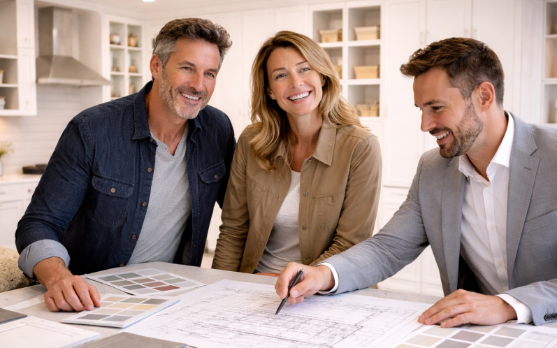 Free design service A man and a woman smile while reviewing plans with a man in a suit.