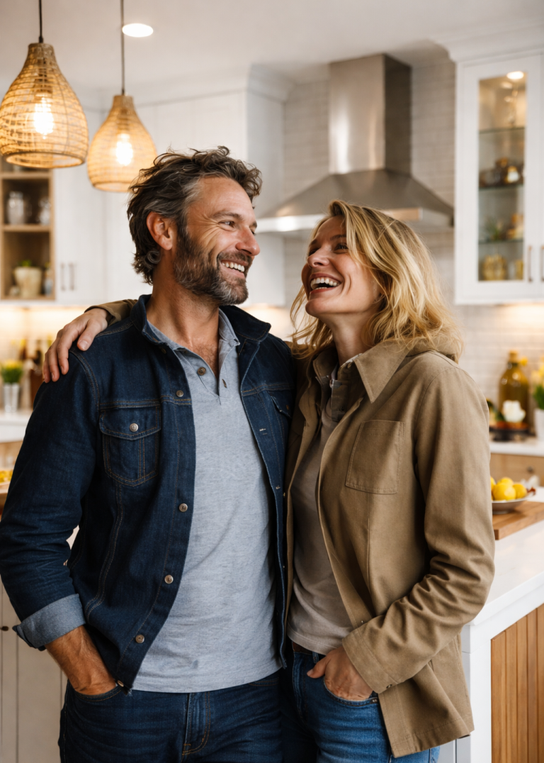 Contact Us Smiling couple stand close together in a warmly lit kitchen.