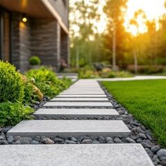 Decking, Fencing & Panelling Stone pathway bordered by pebbles, leading through lush green grass and plants.