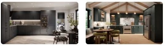 Modern & Traditional Kitchens Modern kitchen design featuring dark cabinetry and a spacious dining area with a rustic ceiling.