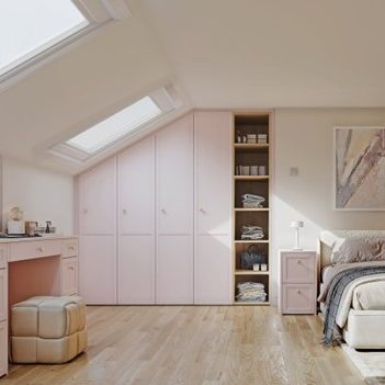 Fitted Bedroom Furniture Bright, modern bedroom with pink cabinetry, a desk, and a single bed against a light wall.